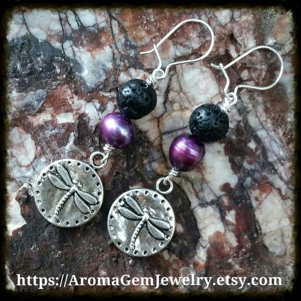Essential oil diffuser earrings - purple cultured pearl - dragonfly - Sterling Silver earwire