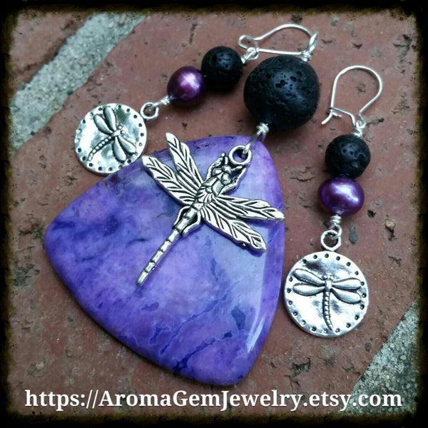 Essential oil diffuser earrings - purple cultured pearl - dragonfly - Sterling Silver earwire