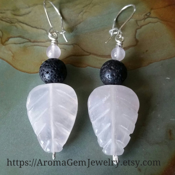 Essential oil diffuser earrings - pink Rose Quartz - leaf - Sterling Silver