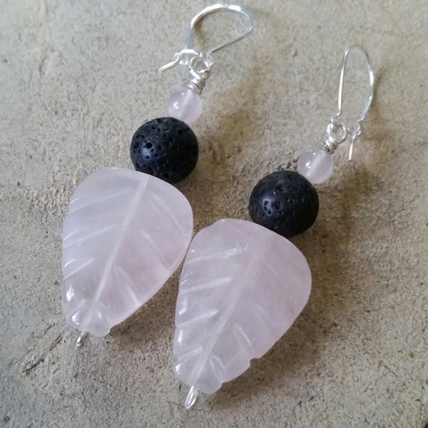 Essential oil diffuser earrings - pink Rose Quartz - leaf - Sterling Silver