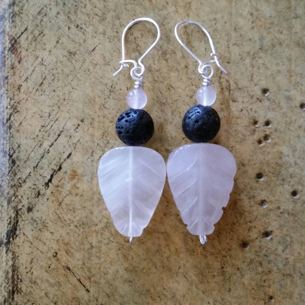 Essential oil diffuser earrings - pink Rose Quartz - leaf - Sterling Silver