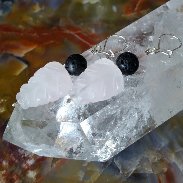 Essential oil diffuser earrings - pink Rose Quartz - leaf - Sterling Silver