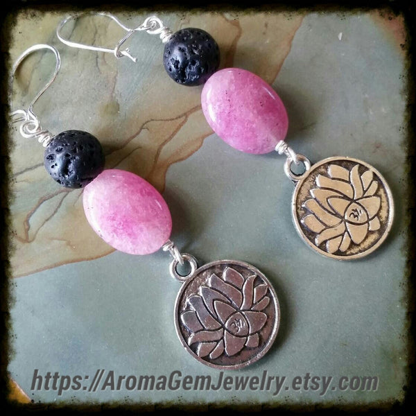 Essential oil diffuser earrings - pink quartz - lotus - Sterling Silver