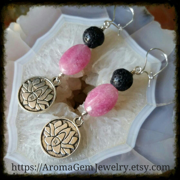 Essential oil diffuser earrings - pink quartz - lotus - Sterling Silver