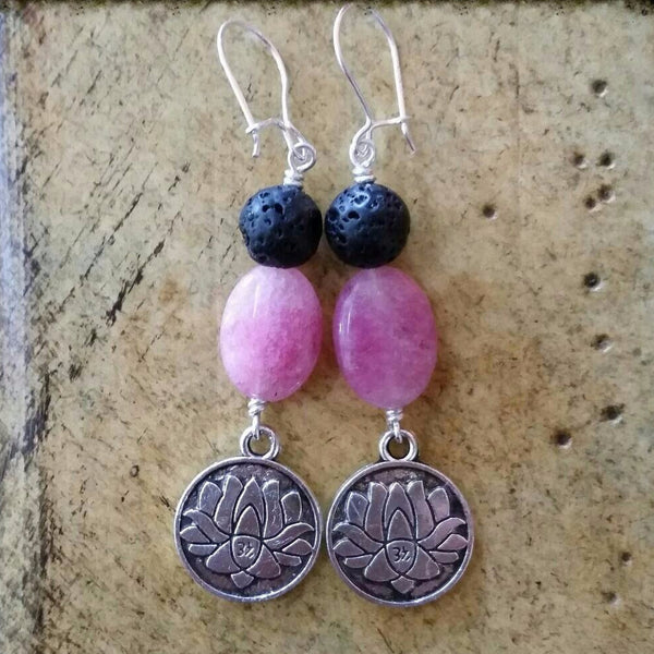 Essential oil diffuser earrings - pink quartz - lotus - Sterling Silver