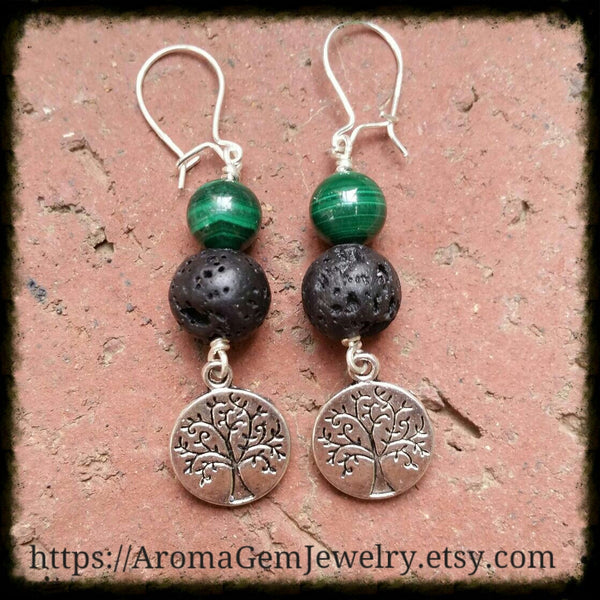 Essential oil diffuser earrings - Malachite - Tree of Life, Sterling Silver