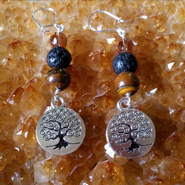 Essential oil diffuser earrings- Tiger Eye - Tree of Life