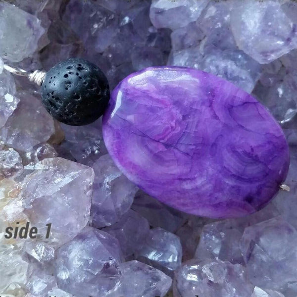 Essential oil diffuser necklace - purple crazy lace agate pendant - wire wrapped sterling silver