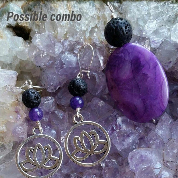Essential oil diffuser necklace - purple crazy lace agate pendant - wire wrapped sterling silver