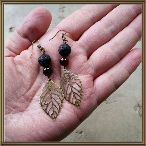 Essential oil diffuser earrings - red agate - antiqued bronze- leaf