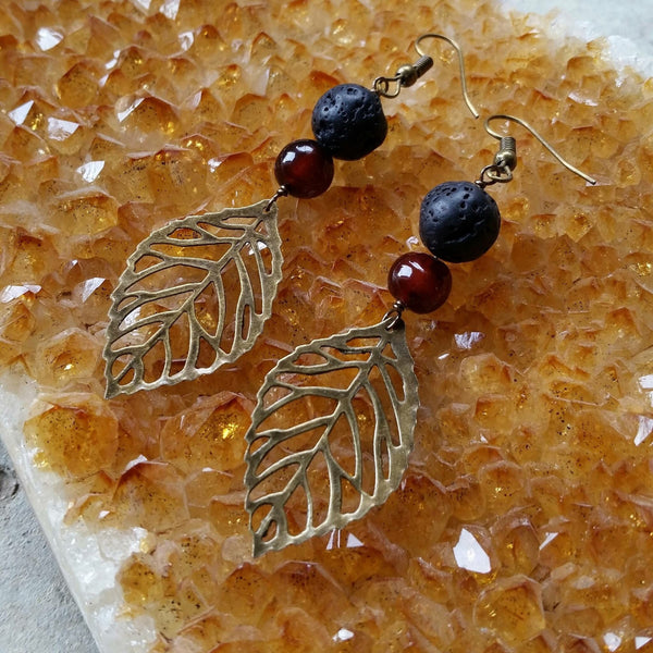 Essential oil diffuser earrings - red agate - antiqued bronze- leaf