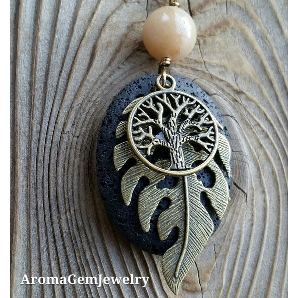 Essential oil diffuser necklace - yellow Calcite - leaf - tree of life