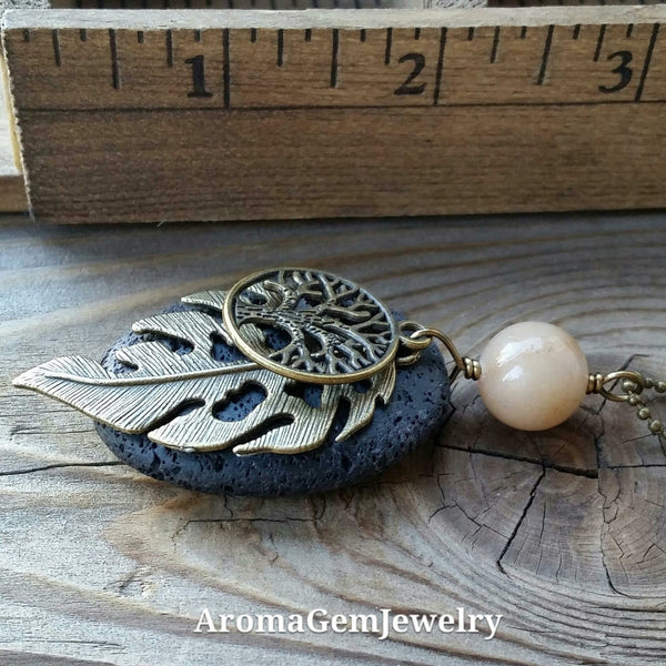 Essential oil diffuser necklace - yellow Calcite - leaf - tree of life