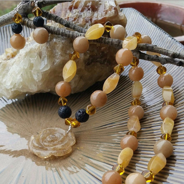 Essential oil diffuser necklace/earring set-calcite and glass