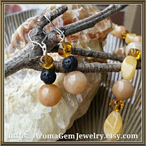 Essential oil diffuser necklace/earring set-calcite and glass