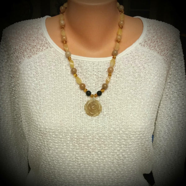 Essential oil diffuser necklace/earring set-calcite and glass