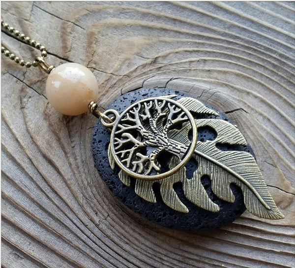 Essential oil diffuser necklace - yellow Calcite - leaf - tree of life