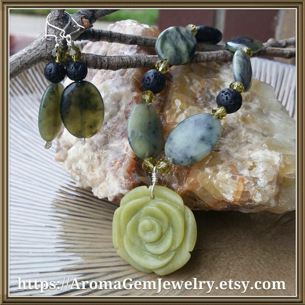 Essential oil diffuser necklace/earring set - New Jade, Sterling Silver