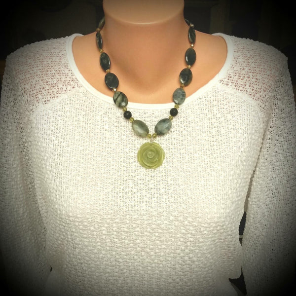 Essential oil diffuser necklace/earring set - New Jade, Sterling Silver