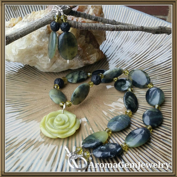 Essential oil diffuser necklace/earring set - New Jade, Sterling Silver