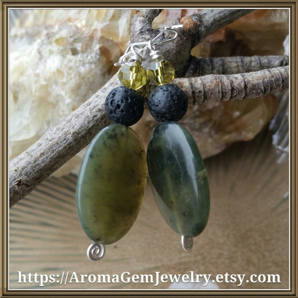 Essential oil diffuser necklace/earring set - New Jade, Sterling Silver