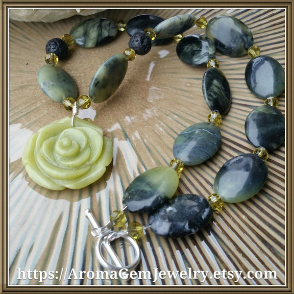 Essential oil diffuser necklace/earring set - New Jade, Sterling Silver