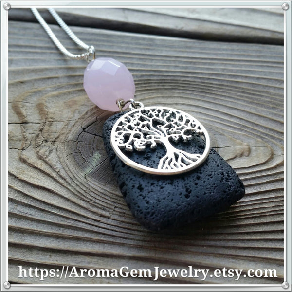 Essential oil diffuser necklace - Rose Quartz - Tree of Life - wire wrapped - Sterling silver