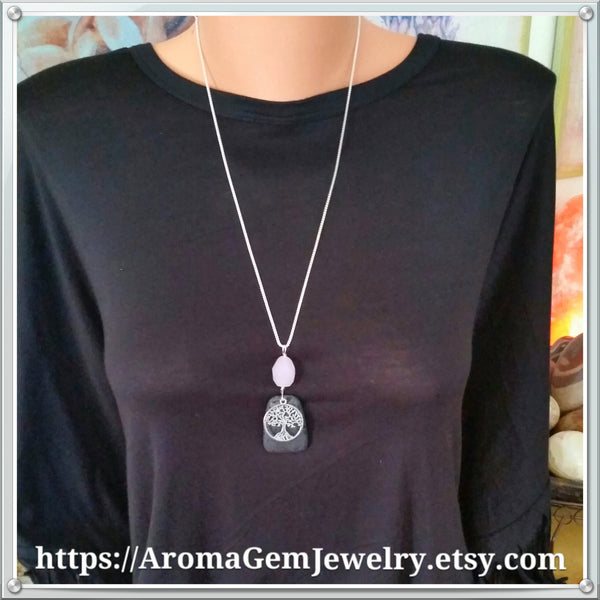 Essential oil diffuser necklace - Rose Quartz - Tree of Life - wire wrapped - Sterling silver
