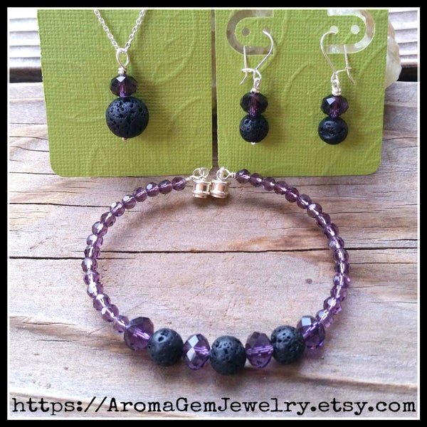 Essential oil diffuser necklace/bracelet/earring set-amethyst purple Crystal - magnetic clasp