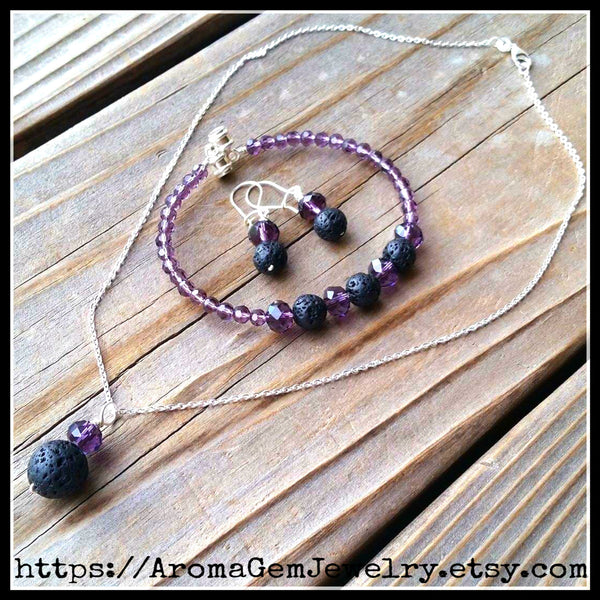 Essential oil diffuser necklace/bracelet/earring set-amethyst purple Crystal - magnetic clasp