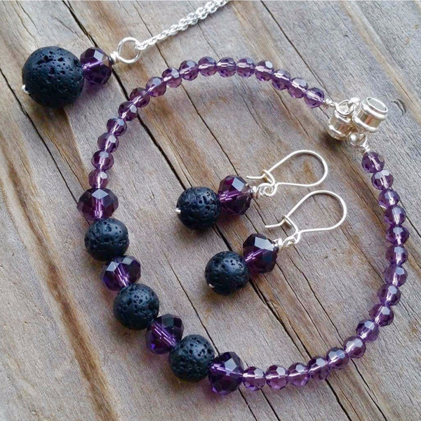 Essential oil diffuser necklace/bracelet/earring set-amethyst purple Crystal - magnetic clasp