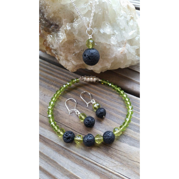 Essential oil diffuser necklace/bracelet/earring set - peridot green crystal - magnetic clasp