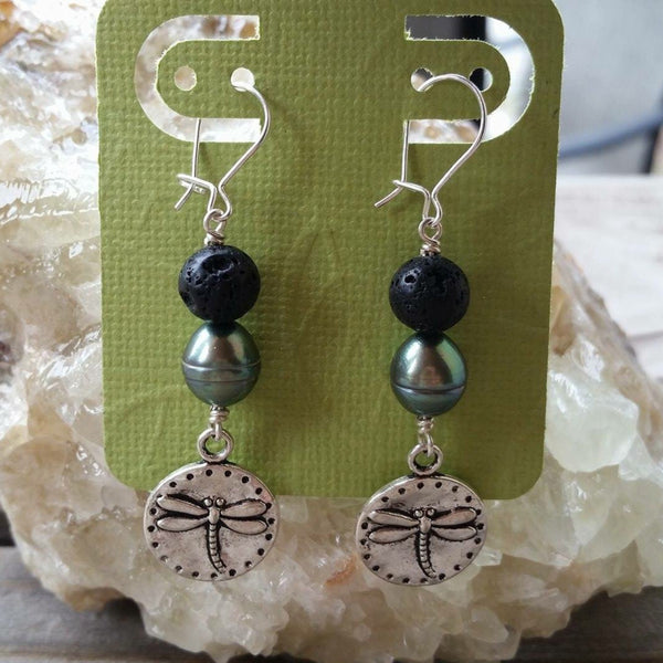 Essential oil diffuser earring - cultured pearl, dragonfly