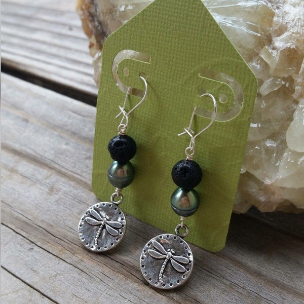 Essential oil diffuser earring - cultured pearl, dragonfly