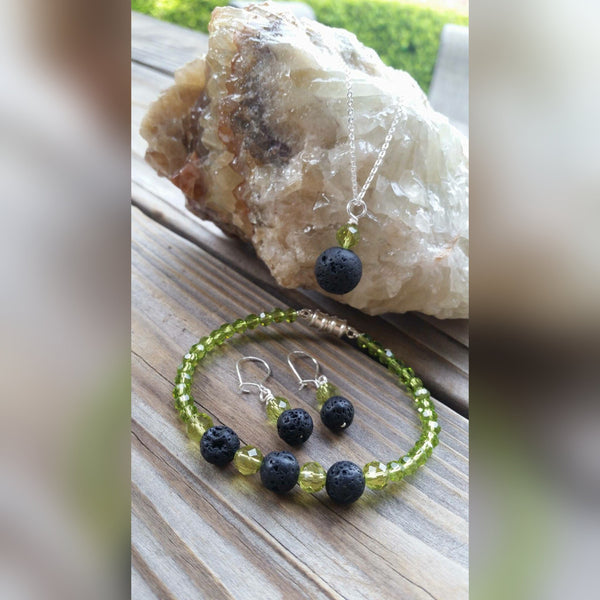 Essential oil diffuser necklace/bracelet/earring set - peridot green crystal - magnetic clasp
