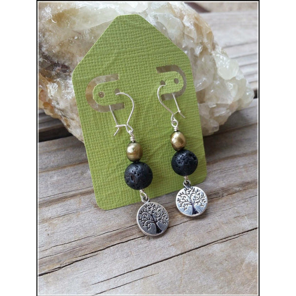 Essential oil diffuser earrings - green cultured pearl - Tree of Life