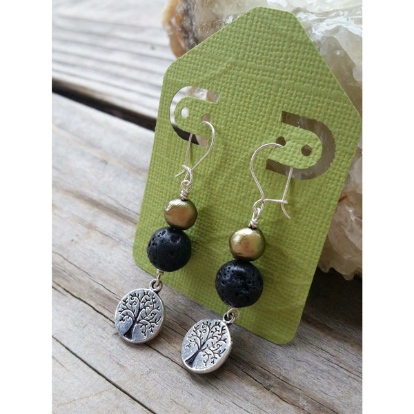 Essential oil diffuser earrings - green cultured pearl - Tree of Life