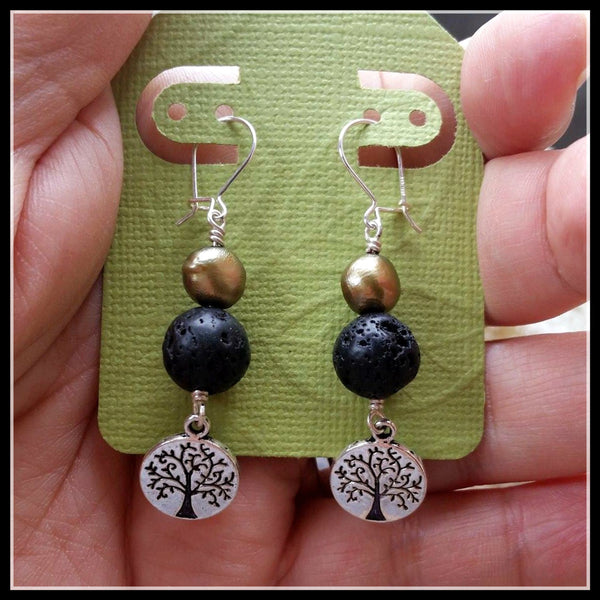Essential oil diffuser earrings - green cultured pearl - Tree of Life