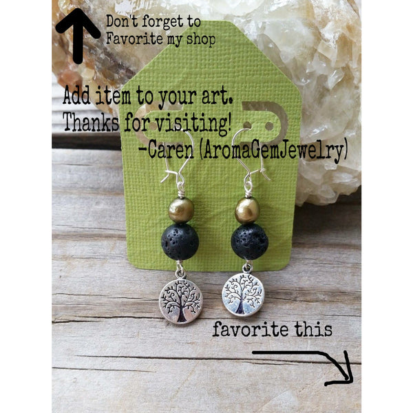 Essential oil diffuser earrings - green cultured pearl - Tree of Life