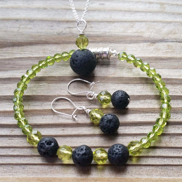 Essential oil diffuser necklace/bracelet/earring set - peridot green crystal - magnetic clasp