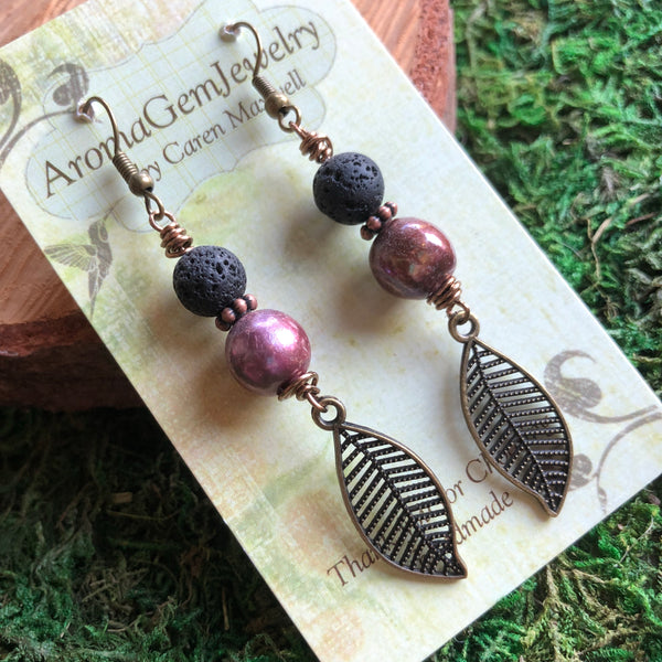 Essential oil diffuser earrings - antiqued bronze-leaf