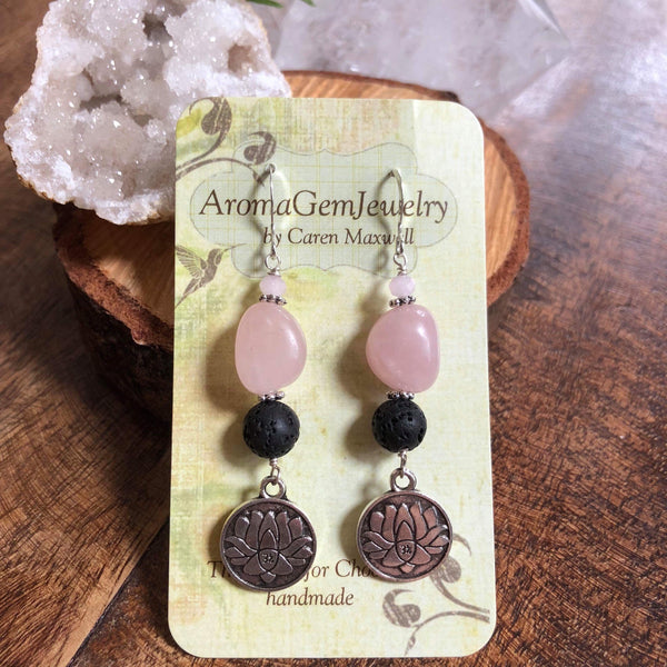 Essential oil diffuser earrings - Rose quartz - lotus - Sterling Silver
