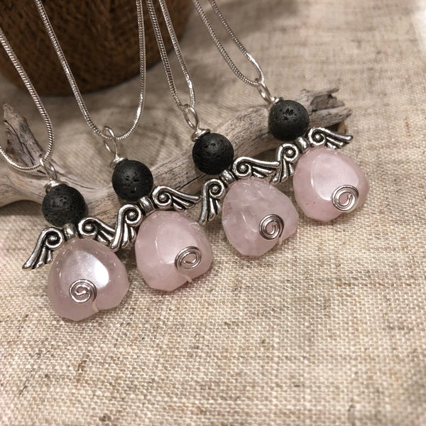 Essential oil diffuser necklace - rose quartz angel