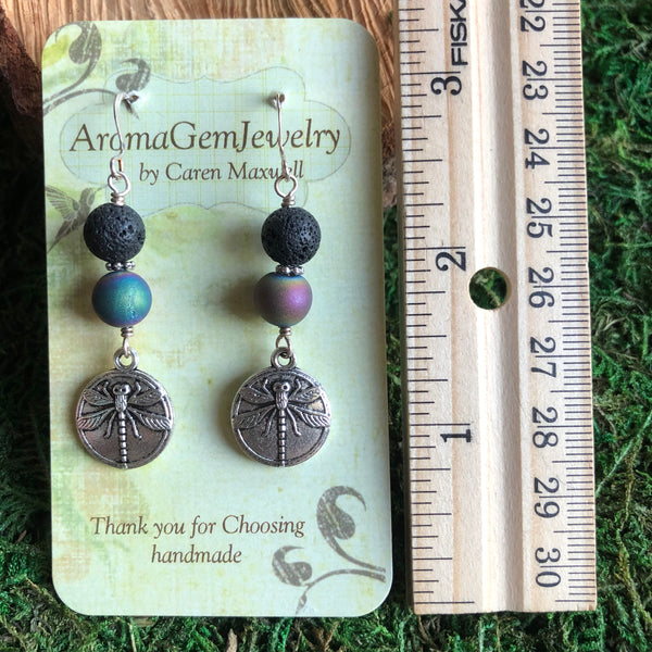 Essential oil diffuser earrings - sterling silver -leaf & rainbow druzy agate