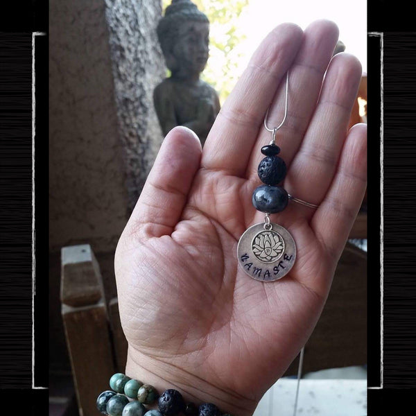 Essential oil diffuser necklace - hand stamped Round Namaste & Lotus