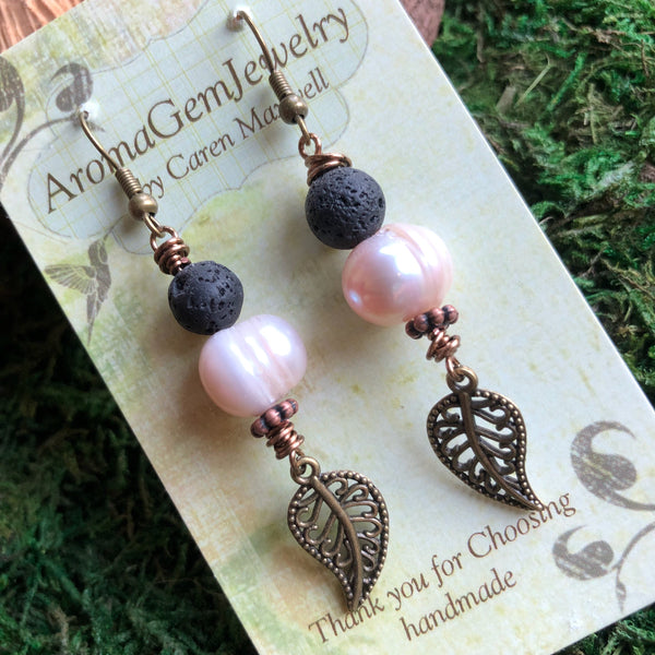 Essential oil diffuser earrings - antiqued bronze-leaf