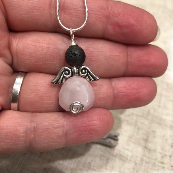 Essential oil diffuser necklace - rose quartz angel