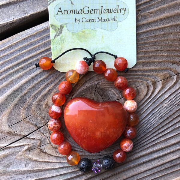 Essential oil diffuser bracelet & heart set- Carnelian