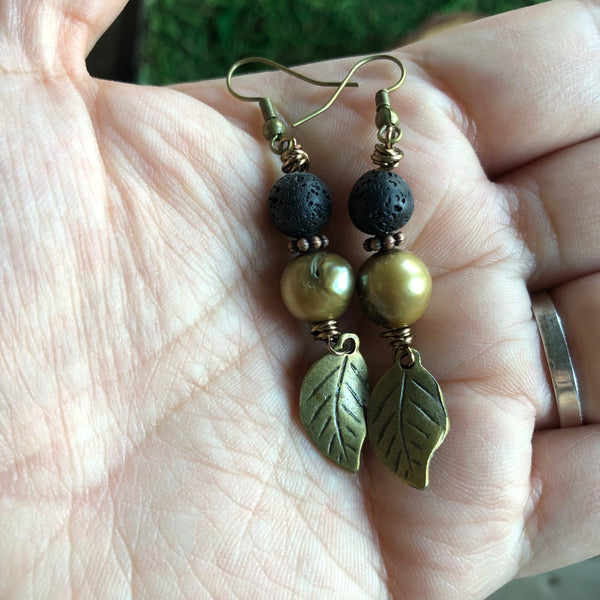 Essential oil diffuser earrings - antiqued bronze-leaf