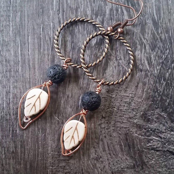 Essential oil diffuser earrings - fall leaves - white magnesite & copper